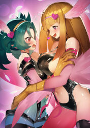 Rule 34 | 2girls, absurdres, blonde hair, bodysuit, breast envy, breasts, commission, duel monster, feathers, green hair, harpie carla, harpie girl (yu-gi-oh!), harpy, highres, hug, large breasts, long hair, monster girl, multiple girls, navel, open mouth, pink eyes, pink feathers, pink wings, pixiv commission, pointy ears, red eyes, ro g (oowack), single leg pantyhose, small breasts, thighhighs, twintails, winged arms, wings, yu-gi-oh!, yu-gi-oh! rush duel, yuri