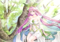 Rule 34 | 1girl, bare shoulders, blush, breasts, brown eyes, cleavage, clothing cutout, collarbone, commentary request, dress, granblue fantasy, hair ornament, highres, in tree, large breasts, long hair, looking at viewer, low quad tails, monster girl, navel, navel cutout, plant girl, purple hair, quad tails, sakurauchi miyuu, sitting, sitting in tree, smile, solo, strapless, strapless dress, tree, very long hair, yggdrasil (granblue fantasy)