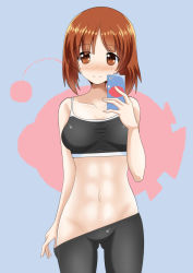Rule 34 | 10s, 1girl, abs, absurdres, anglerfish, bike shorts, blush, breasts, brown eyes, brown hair, cellphone, clothes pull, collarbone, emblem, eyebrows, fish, girls und panzer, groin, highres, looking at viewer, navel, nishizumi miho, pants, pants pull, phone, qtarou, short hair, smile, solo, sports bra, standing