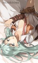 Rule 34 | 10s, 1girl, :o, aqua eyes, aqua hair, arm belt, artist name, bad id, bad twitter id, bed sheet, breasts, brown jacket, brown shirt, buttons, chibirisu, cleavage, collarbone, collared shirt, frills, hair ornament, hairclip, jacket, kantai collection, long hair, long sleeves, lying, on back, open clothes, open jacket, open shirt, shirt, solo, suzuya (kancolle), thighs, twitter username, unbuttoned, very long hair, white shirt