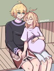 Rule 34 | 1boy, absurdres, big belly, blonde hair, blue eyes, bow, breasts, closed eyes, fiora (xenoblade), highres, holding hands, jewelry, long hair, medium breasts, pink shirt, pregnant, ring, shirt, short hair, shorts, shulk (xenoblade), sitting, smile, sweater, taku34128, wedding band, xenoblade chronicles (series), xenoblade chronicles 1