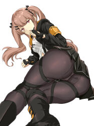 Rule 34 | 1girl, :3, armband, ass, ass focus, black footwear, black gloves, black jacket, black ribbon, black skirt, boots, breasts, brown hair, commentary, cross-laced footwear, english commentary, fingerless gloves, foot out of frame, girls&#039; frontline, gloves, hair ornament, hair ribbon, hairclip, highres, jacket, lace-up boots, long hair, looking at viewer, looking back, lying, medium breasts, mutugorou u, neck ribbon, on side, open mouth, pantyhose, pleated skirt, red eyes, ribbon, scar, scar across eye, scar on face, shirt, simple background, skirt, smile, solo, thigh strap, thighs, twintails, ump9 (girls&#039; frontline), white background, white shirt, yellow armband