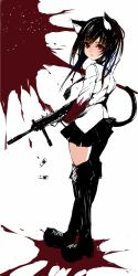 Rule 34 | 1girl, animal ears, assault rifle, bad id, bad pixiv id, black hair, blood, blood splatter, boots, cat ears, cat tail, gun, highres, long hair, looking back, necktie, original, pleated skirt, red eyes, rifle, shell casing, sketch, skirt, solo, tail, thigh boots, thighhighs, unkq, weapon