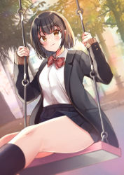 Rule 34 | 1girl, bad id, bad pixiv id, black hair, black jacket, black skirt, black socks, blazer, blush, bow, bowtie, breasts, brown eyes, closed mouth, collared shirt, commentary request, day, diagonal-striped bow, diagonal-striped bowtie, diagonal-striped clothes, diagonal-striped neckwear, dress shirt, hair between eyes, hand up, hands up, highres, holding, jacket, kneehighs, long sleeves, looking at viewer, minami saki, open clothes, open jacket, original, outdoors, pleated skirt, red bow, red bowtie, school uniform, shirt, short hair, skirt, sleeves past wrists, small breasts, smile, socks, solo, striped bow, striped bowtie, striped clothes, striped neckwear, swing, thighs, tree, white shirt