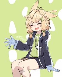 Rule 34 | 1girl, afterimage, ahoge, animal ears, arknights, bandaid, bandaid on knee, bandaid on leg, black jacket, black shorts, blue gloves, bow, clothes writing, commentary, ear wiggle, facing viewer, feet out of frame, gloves, green bow, green shirt, hair bow, hair ornament, hairclip, hood, hood down, hooded jacket, id card, jacket, kroos (arknights), lanyard, light blush, medium hair, open clothes, open jacket, open mouth, rabbit ears, romaji commentary, shirt, shorts, simple background, sitting, solo, thigh strap, twitter username, waving, yom (ymayma00ss)