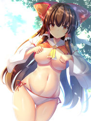 Rule 34 | 1girl, absurdres, armpits, ascot, bare shoulders, bikini, bikini bottom only, blush, bow, breasts, brown hair, clenched hands, commentary request, detached sleeves, dutch angle, gluteal fold, hair bow, hair ribbon, hair tubes, hakurei reimu, highres, large breasts, lifting own clothes, liya, looking at viewer, navel, outdoors, ribbon, shiny skin, side-tie bikini bottom, sidelocks, solo, stomach, sunlight, swimsuit, thigh gap, thighs, touhou, tree, wide sleeves