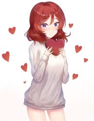 Rule 34 | 1girl, atychi, bad id, bad pixiv id, blush, box, gift, gift box, heart, heart-shaped box, highres, looking at viewer, love live!, love live! school idol project, naked sweater, nishikino maki, purple eyes, red hair, short hair, solo, sweater, valentine
