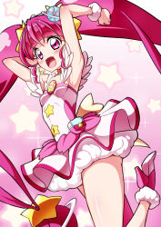 Rule 34 | 1girl, :d, armpits, arms up, blunt bangs, breasts, brooch, commentary request, cure star, gradient background, highres, hoshina hikaru, jewelry, long hair, looking at viewer, magical girl, open mouth, pink background, pink eyes, pink hair, precure, rokko, small breasts, smile, solo, star (symbol), star twinkle precure, starry background, twintails, very long hair