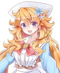 Rule 34 | 1041 (toshikazu), 1girl, blue eyes, blue flower, blue shirt, blush, bow, bowtie, commentary request, flower, frills, hair between eyes, hair flower, hair ornament, head scarf, long hair, looking at viewer, nijisanji, open mouth, orange hair, otogibara era, red bow, red bowtie, shirt, simple background, smile, solo, upper body, virtual youtuber, white background, white flower, white headwear