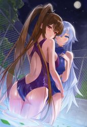 Rule 34 | 2girls, amebi, ass, back, back cutout, bare arms, bare shoulders, blue eyes, blue one-piece swimsuit, breasts, brown hair, chain-link fence, clothing cutout, commission, competition swimsuit, fence, from behind, full moon, hand on own chest, highres, large breasts, long hair, looking at viewer, looking back, moon, multiple girls, night, one-piece swimsuit, original, outdoors, pool, purple one-piece swimsuit, red eyes, smile, standing, swimsuit, twintails, very long hair, wading, water, wet, white hair