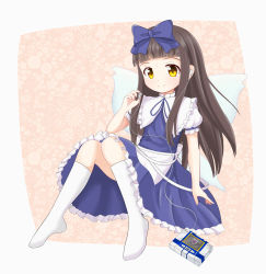Rule 34 | 1girl, absurdres, apron, blue dress, bow, brown eyes, brown hair, cassette player, commentary request, decepticon, dress, earphones, fairy, fairy wings, hair bow, highres, kneehighs, knees together feet apart, long hair, p.w., ribbon, sitting, smile, socks, soundwave (transformers), star sapphire, touhou, transformers, waist apron, white socks, wings