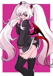 Rule 34 | 1girl, 4410 (kanimiso), absurdres, ahoge, ass, black panties, black thighhighs, breath, demon horns, demon tail, demon wings, female focus, grim aloe, hair between eyes, heart, heart-shaped pupils, highres, horns, long hair, panties, pantyshot, pink eyes, quiz magic academy, solo, standing, symbol-shaped pupils, tail, thighhighs, tongue, tongue out, twintails, two-tone background, underwear, very long hair, white hair, wings