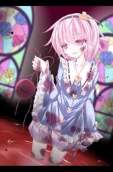 Rule 34 | 1girl, blood, blood on clothes, blood on face, empty eyes, female focus, flower, futase hijiri, hairband, heart, komeiji satori, pink eyes, pink hair, revision, scissors, self-harm, short hair, smile, solo, stained glass, third eye, touhou, wide sleeves