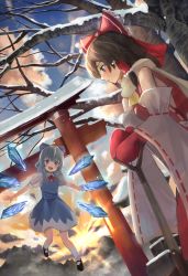 Rule 34 | 2girls, ascot, bare tree, black footwear, black hair, blue dress, blue eyes, blue hair, blush, bow, breath, brown eyes, cirno, cloud, cowboy shot, detached sleeves, diffraction spikes, dress, dutch angle, flying, from below, from side, hair bow, hair tubes, hakurei reimu, highres, holding, holding shovel, long hair, looking at another, looking to the side, maachi (fsam4547), mary janes, mittens, mountain, multiple girls, neck ribbon, open mouth, orange sky, outstretched arms, own hands together, pinafore dress, profile, puffy short sleeves, puffy sleeves, red mittens, red ribbon, red skirt, red vest, ribbon, ribbon-trimmed sleeves, ribbon trim, scarf, shirt, shoes, short hair, short sleeves, shovel, sidelocks, skirt, sky, sleeveless dress, snow, snow shovel, socks, spread arms, sunset, teeth, torii, touhou, tree, upper teeth only, vest, white legwear, white scarf, white shirt, wings, winter, yellow neckwear