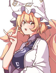 Rule 34 | 1girl, absurdres, animal ears, blonde hair, blush, breasts, dress, fang, fingernails, fox ears, fox shadow puppet, fox tail, gokuu (acoloredpencil), hat, highres, large breasts, mob cap, multiple tails, open mouth, short hair, simple background, skin fang, smile, solo, tabard, tail, touhou, upper body, white background, white dress, white hat, wide sleeves, yakumo ran, yellow eyes