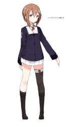 Rule 34 | 1girl, akiha (attract), asymmetrical legwear, bad id, bad twitter id, black thighhighs, brown eyes, brown hair, character request, full body, kskasutera, looking at viewer, mismatched legwear, short hair, single thighhigh, skirt, smile, solo, standing, thighhighs, white background