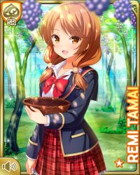 Rule 34 | 1girl, :d, blazer, blue jacket, bow, bowl, bowtie, brown eyes, brown hair, card (medium), day, food, fruit, girlfriend (kari), grapes, holding, jacket, looking at viewer, low twintails, official art, open clothes, open jacket, open mouth, outdoors, plaid, plaid skirt, pleated skirt, qp:flapper, red bow, red skirt, school uniform, shirt, skirt, smile, socks, solo, standing, table, tagme, tamai remi, twintails, white shirt
