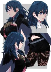 Rule 34 | 1girl, armor, blue eyes, blue hair, breasts, byleth (female) (fire emblem), byleth (fire emblem), cape, cleavage cutout, clothing cutout, fire emblem, fire emblem: three houses, gloves, hair between eyes, highres, lace, lace-trimmed legwear, lace trim, long hair, looking at viewer, messatsu tan, multiple views, nintendo, pantyhose, pantyhose under shorts, short hair, short shorts, shorts, simple background, smile, upper body, white background