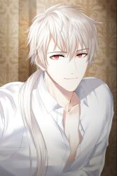 Rule 34 | 1boy, cheritz, closed mouth, collarbone, collared shirt, long hair, long sleeves, male focus, official art, partially unbuttoned, ponytail, red eyes, shirt, solo, susanghan messenger, third-party source, white hair, white shirt, zen (susanghan messenger)