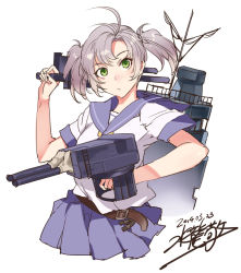 Rule 34 | 1girl, ahoge, cannon, closed mouth, dated, green eyes, hand up, kantai collection, kinugasa (kancolle), looking at viewer, medium hair, miniskirt, mizuryu kei, pink hair, purple sailor collar, purple skirt, rigging, sailor collar, shirt, short sleeves, signature, simple background, skirt, solo, twintails, white background, white shirt