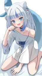 Rule 34 | 1girl, absurdres, animal ears, arm support, barefoot, blue choker, blue eyes, blue hair, blunt bangs, blush, cat ears, choker, colored tips, fins, fish tail, gawr gura, grey hair, hair ornament, highres, hololive, hololive english, kneeling, long hair, looking at viewer, multicolored hair, naked shirt, no pants, open mouth, oversized clothes, oversized shirt, paw pose, ponsu (po n su), shark girl, shark hair ornament, shark tail, sharp teeth, shirt, solo, streaked hair, tail, teeth, two side up, upper teeth only, virtual youtuber, white shirt