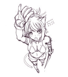 Rule 34 | 1girl, animal ears, arm up, armlet, armor, bare shoulders, bikini armor, boots, breasts, cat ears, cleavage, dagger, elbow gloves, fingerless gloves, foreshortening, gloves, greaves, knife, monochrome, navel, neko kemonomimi, open mouth, original, reason (ficafe), sketch, solo, sweatdrop, tail, thigh boots, thighhighs, weapon