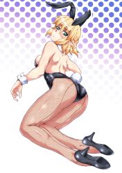 Rule 34 | 1girl, animal ears, ass, back, backless leotard, bad id, bad pixiv id, bare arms, bare shoulders, black pantyhose, blonde hair, blush, breasts, fake animal ears, fishnet pantyhose, fishnets, halftone, halftone background, high heels, highleg, highleg leotard, highres, leotard, looking at viewer, looking back, mizuhashi parsee, ootsuki wataru, pantyhose, playboy bunny, pointy ears, rabbit ears, rabbit tail, solo, tail, touhou, wrist cuffs