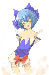 Rule 34 | 1girl, arms behind back, bare shoulders, bloomers, blue hair, blush, bow, cirno, collarbone, flat chest, hair bow, mitsuki yuuya, open mouth, short hair, smile, solo, touhou, underwear, wardrobe error