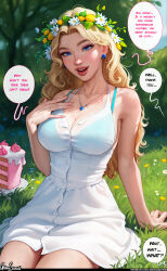 Rule 34 | 1girl, absurdres, aroma sensei, bare shoulders, blonde hair, blue bra, blue eyes, blush, body freckles, bra, breasts, buttons, cake, cleavage, collarbone, daisy, earrings, english text, eyeshadow, flower, food, freckles, haley (stardew valley), head wreath, highres, jewelry, large breasts, lips, long hair, makeup, necklace, outdoors, see-through, sideboob, skirt, smile, solo, stardew valley, underwear, wavy hair