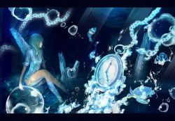 Rule 34 | 1girl, bad id, bad pixiv id, blue hair, bubble, chain, clock, fish, ice, letterboxed, sitting, solo, taron (tatataron), turtle, underwater, water, wet, wet clothes
