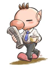 Rule 34 | 1boy, alien, alternate costume, belt, belt buckle, big nose, black pants, blue necktie, blush, blush stickers, brown belt, brown hair, buckle, closed eyes, coffee mug, collared shirt, commentary request, cup, denim, fingernails, full body, highres, holding, holding cup, holding newspaper, jeans, long sleeves, male focus, mug, necktie, newspaper, nintendo, no headwear, olimar, open mouth, pants, pikmin (series), pink footwear, pointy ears, shadow, shirt, short hair, signature, slippers, steam, very short hair, white background, white shirt, yamato koara