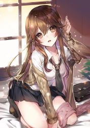 Rule 34 | 1girl, apple caramel, arm up, bed sheet, black necktie, black skirt, blush, breasts, briefcase, brown eyes, brown hair, brown jacket, brown socks, collared shirt, day, hair between eyes, head tilt, highres, jacket, long hair, long sleeves, looking at viewer, medium breasts, necktie, no shoes, open clothes, open jacket, original, parted lips, pleated skirt, school briefcase, shirt, short necktie, skirt, sleeves past wrists, socks, solo, sunlight, very long hair, white shirt, window