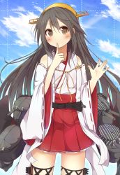 Rule 34 | 10s, 1girl, bad id, bad pixiv id, black hair, brown eyes, detached sleeves, finger to mouth, hair ornament, hairband, hairclip, haruna (kancolle), kantai collection, long hair, looking at viewer, machinery, nontraditional miko, pleated skirt, ribbon-trimmed sleeves, ribbon trim, sasahara wakaba, skirt, solo, turret