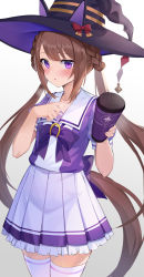 Rule 34 | 1girl, animal ears, bad id, bad twitter id, blouse, blush, brown hair, commentary request, hat, heavy breathing, highres, horse ears, horse girl, long hair, looking at viewer, ohihil, purple eyes, purple shirt, school uniform, shirt, simple background, solo, sweat, sweep tosho (umamusume), thighhighs, twintails, umamusume, white background, white thighhighs, witch hat