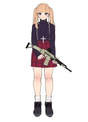 Rule 34 | 1girl, ankle boots, assault rifle, bad id, bad tumblr id, blonde hair, blush, boots, cross, cross necklace, gun, jewelry, long hair, loose socks, megumoke, necklace, original, plaid, plaid skirt, rifle, skirt, socks, solo, suspenders, sweater, trigger discipline, turtleneck, twintails, weapon