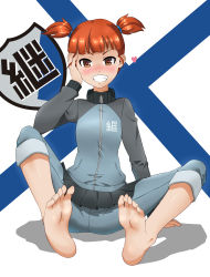 Rule 34 | 10s, 1girl, absurdres, barefoot, blush, breasts, brown eyes, brown hair, feet, finnish flag, girls und panzer, heart, heart-shaped pupils, highres, hitch (perotoss), mikko (girls und panzer), pants, skirt, small breasts, smile, soles, solo, spread legs, symbol-shaped pupils, teeth, toes, turtleneck, twintails