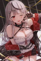 Rule 34 | 1girl, :p, absurdres, armpits, bare shoulders, belt, belt collar, black gloves, black hair, blush, bow, braid, breasts, camisole, caution tape, cleavage, collar, ear piercing, fingerless gloves, garter straps, gloves, grey hair, hair ornament, highres, hololive, large breasts, long hair, looking at viewer, mei am0, multicolored hair, nail polish, off-shoulder jacket, off shoulder, one eye closed, piercing, plaid, plaid bow, plaid skirt, red eyes, red nails, sakamata chloe, skirt, solo, streaked hair, thighhighs, tongue, tongue out, virtual youtuber, white camisole, x hair ornament