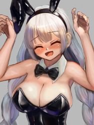 Rule 34 | 1girl, :d, ^ ^, animal ears, bare shoulders, black bow, black bowtie, black leotard, blunt bangs, blush, bow, bowtie, breasts, cleavage, closed eyes, detached collar, fake animal ears, grey background, hands up, highres, kizuna akari, large breasts, leotard, long hair, open mouth, playboy bunny, rabbit ears, shimogami ataru, simple background, smile, solo, voiceroid, white hair