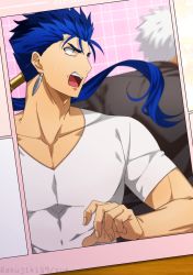 Rule 34 | 2boys, akujiki59, archer (fate), black shirt, blue hair, casual, cu chulainn (fate), cu chulainn (fate/stay night), dark-skinned male, dark skin, fate/stay night, fate (series), looking at another, pectoral cleavage, male focus, multiple boys, official style, pectorals, ponytail, red eyes, running, shirt, short hair, spiked hair, toned, toned male, v-neck, white hair, white shirt