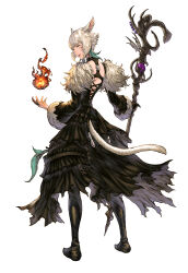 Rule 34 | 1girl, absurdres, animal ears, black dress, black footwear, boots, cat ears, cat girl, cat tail, dress, facial mark, facing away, feather hair ornament, feathers, final fantasy, final fantasy xiv, fire, full body, fur trim, hair ornament, highres, holding, holding staff, long sleeves, looking at viewer, looking back, makimura shunsuke, miqo&#039;te, short hair, sidelocks, solo, staff, tail, torn clothes, torn dress, whisker markings, white background, white hair, wide sleeves, y&#039;shtola rhul