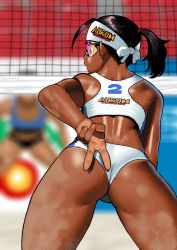 Rule 34 | 2girls, ahoge, alternate hairstyle, arm behind back, arung samudra (cessa), ass, beach volleyball, black hair, blurry, blurry background, cessa, commentary, dark-skinned female, dark skin, day, depth of field, english commentary, fingernails, flat ass, from behind, hand gesture, headband, leaning forward, multiple girls, ombok diving and delivery services, one-piece swimsuit, pink-tinted eyewear, pink-tinted glasses, ponytail, pov, sand, safety glasses, solo focus, sports bikini, standing, sunglasses, swimsuit, thick thighs, thighs, tinted eyewear, toned, very dark skin, volleyball net, wedgie, white headband, white one-piece swimsuit, yellow-tinted eyewear, yellow-tinted glasses