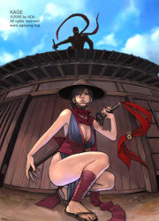 Rule 34 | agasang, architecture, arm tattoo, breasts, chin strap, cleavage, day, east asian architecture, fighting stance, halterneck, hat, holding, holding sword, holding weapon, ninja, outdoors, pelvic curtain, ready to draw, sandals, sliding doors, swept bangs, sword, tagme, tattoo, watermark, weapon, web address, zouri