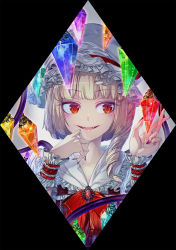Rule 34 | 1girl, blonde hair, blunt bangs, brooch, collar, commentary request, cover, crystal, diamond (shape), drill hair, eyebrows, fangs, flandre scarlet, frilled collar, frills, hat, hat ribbon, jewelry, looking to the side, mob cap, nail polish, necktie, red eyes, red nails, red necktie, red ribbon, ribbon, side drill, smile, solo, touhou, upper body, white hat, wings, wrist cuffs, zounose