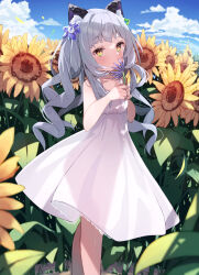 Rule 34 | 1girl, absurdres, alternate costume, animal ears, blue sky, blunt bangs, cat ears, closed mouth, cloud, commentary, curly hair, dress, expressionless, feet out of frame, field, flower, flower field, from side, grey hair, hair ornament, highres, holding, holding flower, hololive, looking at viewer, murasaki shion, outdoors, see-through, see-through dress, see-through silhouette, sky, sleeveless, sleeveless dress, solo, sonoji, standing, star (symbol), star hair ornament, sundress, sunflower, sunflower field, virtual youtuber, white dress, yellow eyes