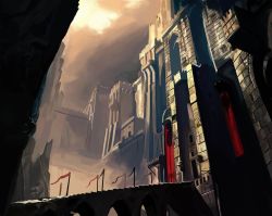 Rule 34 | absurdres, asipili, banner, bridge, castle, concept art, flag, highres, no humans, prince of persia, prince of persia: warrior within, scenery