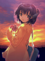 Rule 34 | 1girl, bag, black hair, brown eyes, cloud, cloudy sky, coat, dasoku sentarou, from side, heart, long sleeves, looking at viewer, looking to the side, open mouth, original, outdoors, shoulder bag, sky, solo, sunset, twintails, two side up, valentine