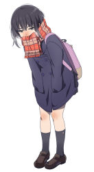 Rule 34 | 1girl, backpack, bag, black eyes, black hair, black socks, blush, breath, buttons, coat, double-breasted, hands in pockets, kneehighs, loafers, long hair, mattaku mousuke, original, scarf, scarf over mouth, shoes, simple background, socks, solo, white background, winter clothes, winter coat