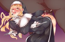 Rule 34 | ahegao, animal penis, bestiality, blonde hair, blush, bouncing breasts, breasts, covered erect nipples, gloves, habit, highres, horse, horse penis, large breasts, meshiiro (rome sy), nijisanji, nun, penis, sex, sister claire, virtual youtuber, yellow eyes