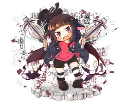 Rule 34 | 1girl, :d, absurdres, black coat, black flower, black footwear, blush, bow (weapon), breasts, brown hair, chibi, coat, commentary request, crossbow, english text, fang, flower, grey background, hat, hat flower, hayanloli, highres, korean commentary, long hair, looking at viewer, open mouth, original, paper, purple eyes, red shirt, shirt, short shorts, shorts, skin fang, small breasts, smile, solo, striped clothes, striped thighhighs, thighhighs, transparent background, weapon
