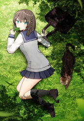 Rule 34 | 1girl, animal, bad id, bad pixiv id, bag, black socks, blue sailor collar, blue skirt, blurry, blurry foreground, blush, braid, brown footwear, brown hair, cat, closed mouth, commentary request, day, depth of field, fingernails, full body, grass, green eyes, grey sweater, hair between eyes, holding, holding leaf, kneehighs, kurata rine, leaf, loafers, long hair, long sleeves, looking at viewer, looking back, lying, on grass, on side, original, outdoors, pleated skirt, sailor collar, school bag, school uniform, serafuku, shoes, side braid, single braid, skirt, sleeves past wrists, socks, solo, sweater